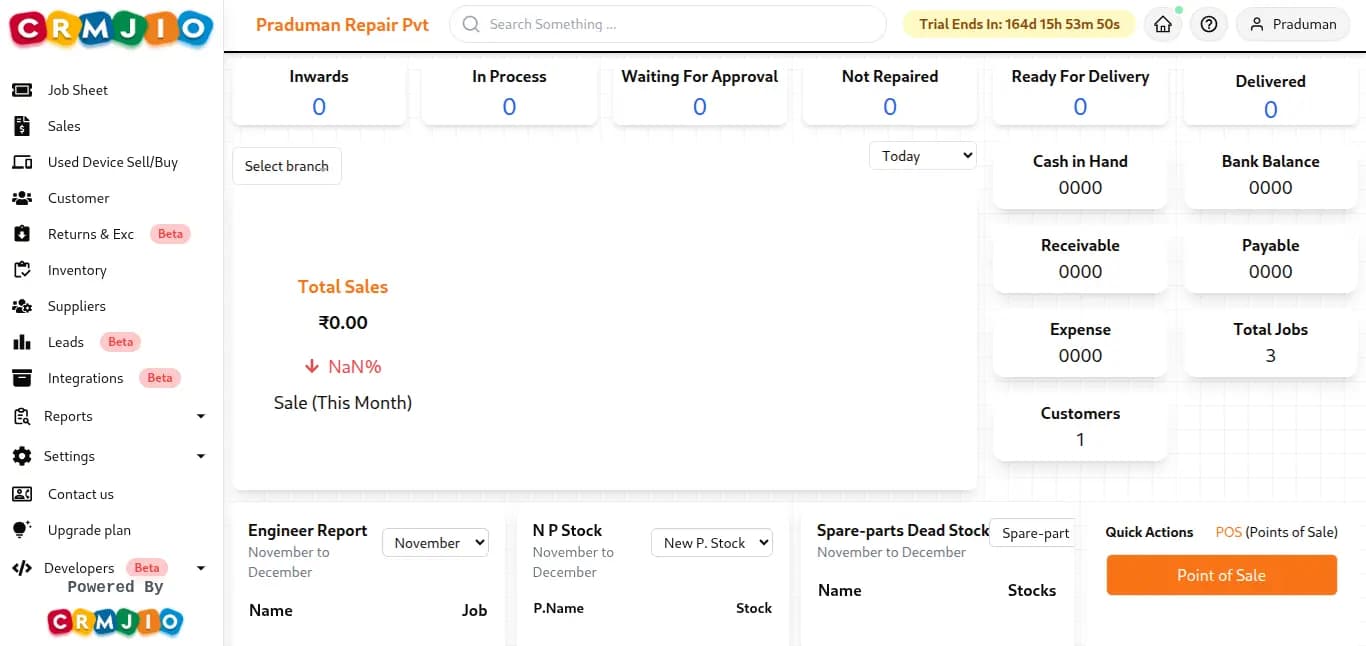 Repair shop CRM dashboard with billing and job sheet