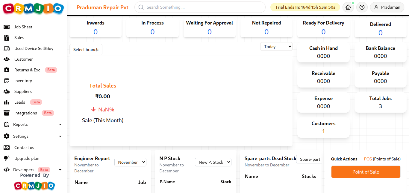 Repair shop CRM dashboard with billing and job sheet